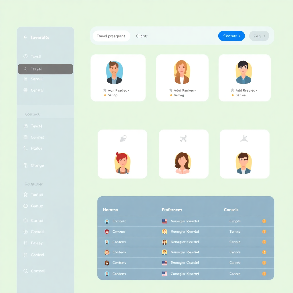 client management dashboard showing contact cards with avatars, travel preferences, modern CRM interface for travel agency