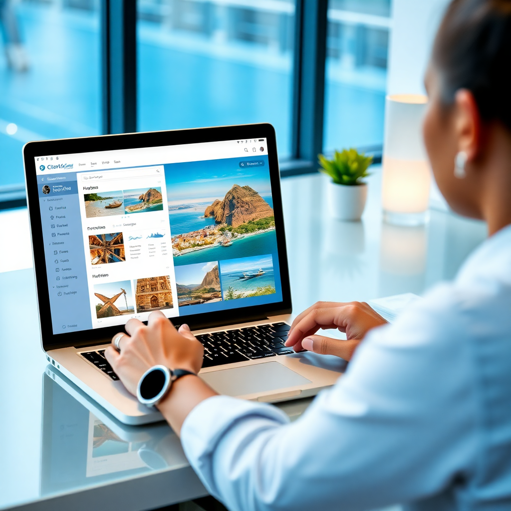 travel agent using Client Ocean app on laptop, creating beautiful itinerary with drag and drop interface, modern workspace with travel photos