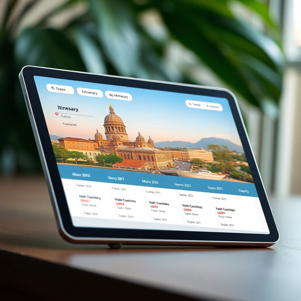 beautiful travel itinerary interface on tablet showing day-by-day schedule with destinations, modern UI design, professional travel app